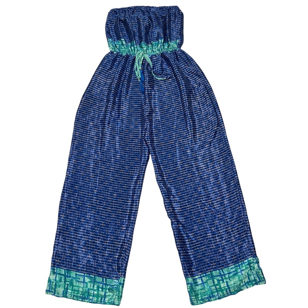 ETC Strapless Paisley Jumpsuit One Size Blue Aqua Wide Leg Tassel Waist - Picture 4 of 11